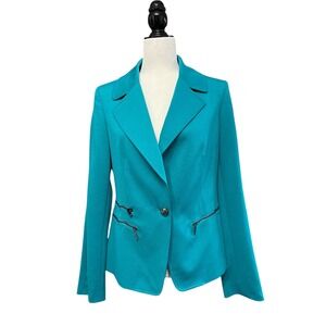 NWT Anne Klein Blazer Jacket‎ Teal Blue Zip Pockets Fitted Career Women's Size 8